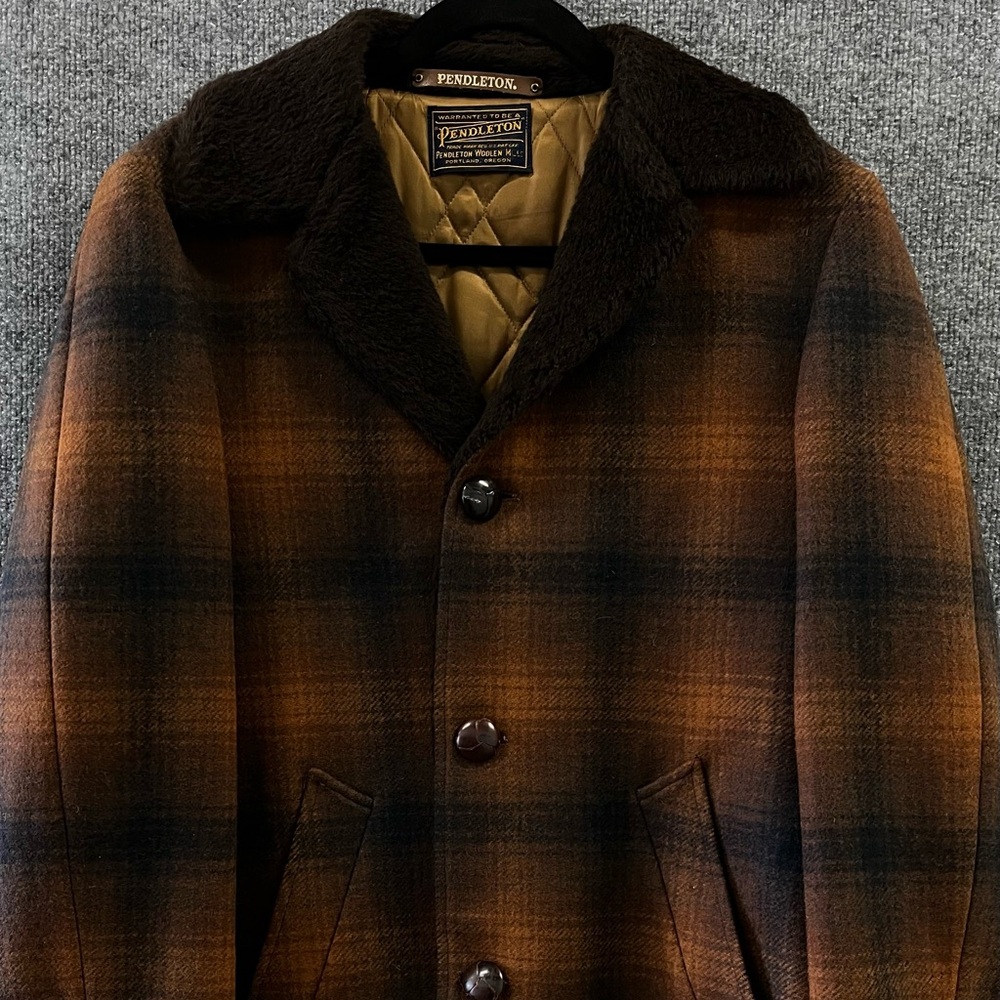 Vintage Pendleton Wool Plaid Coat 1960s Faux Fur Collar Quilted Lining Brown USA